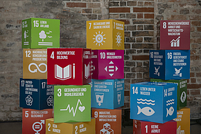 Die Abbildung zeigt bunte Würfel mit verschiedenen Symbolen und Texten, die sich auf nachhaltige Entwicklungsziele beziehen. Zu den Themen gehören hochwertige Bildung, Gesundheit und Wohlergehen, arme Bekämpfung sowie nachhaltige Energie. Die Würfel sind strukturiert und stehen vor einer Backsteinwand.